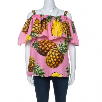 Pre Owned Dolce & Gabbana Pink Pineapple Print Cotton Bardot Top L