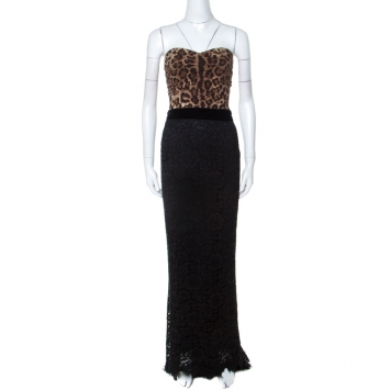 Pre Owned Dolce & Gabbana Multicolor Leopard Print and Lace Strapless Maxi Corset Dress S
