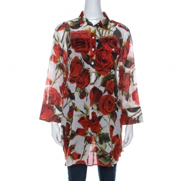 Pre Owned Dolce and Gabbana Red and White Rose Printed Cotton Tunic Shirt L