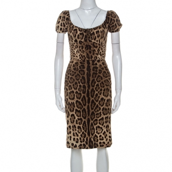 Pre Owned Dolce & Gabbana Leopard Print Cotton Blend Lace Trim Detail Dress XS