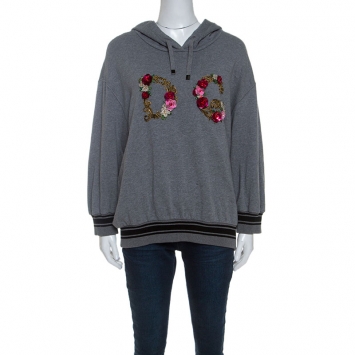 Pre Owned Dolce and Gabbana Grey Knit Floral Embroidered Logo Detail Hoodie M