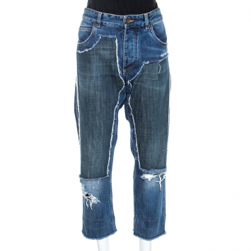 Pre Owned Dolce & Gabbana Blue Denim Embroidery Detail Frayed Crop Jeans M