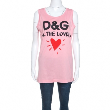 Pre Owned Dolce and Gabbana Pink Printed Cotton All The Lovers T-Shirt S