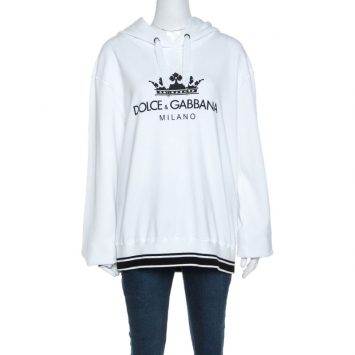 Pre Owned Dolce and Gabbana White Crown Logo Print Jersey Hoodie M