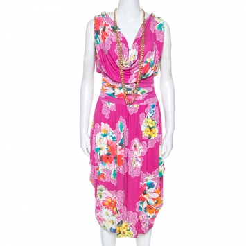 Pre Owned Dolce and Gabbana Pink Floral Print Jersey Draped Chain Detail Dress M