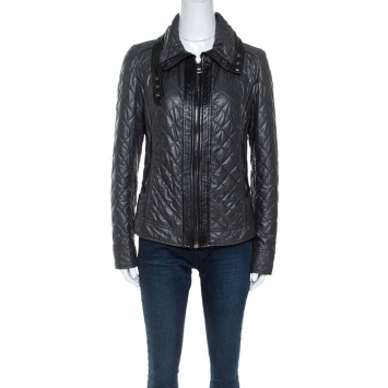 Pre Owned Dolce & Gabbana Dark Green Leather Trim Quilted Biker Jacket M