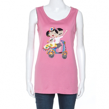 Pre Owned Dolce & Gabbana Pink Cotton DG Family Applique Tank Top S