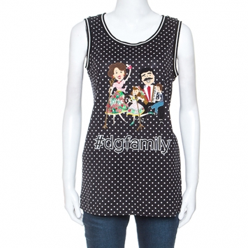 Pre Owned Dolce & Gabbana Black Polka Dot DG Family Applique Cotton Tank Top S