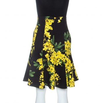 Pre Owned Dolce & Gabbana Black Acacia Print Crepe High Waist Skirt L