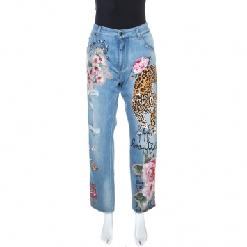 Pre Owned Dolce & Gabbana Indigo Applique And Painted Denim Distressed Jeans L