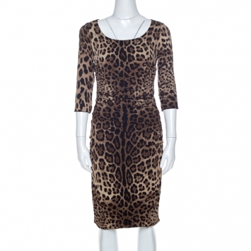 Pre Owned Dolce and Gabbana Brown Crepe Leopard Print Ruched Detail Dress M