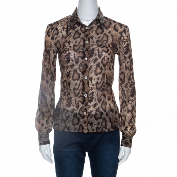Pre Owned Dolce & Gabbana Vintage Brown Snake Print Stretch Shirt S