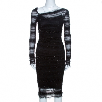 Pre Owned Dolce & Gabbana Black Sequined Ruched Tulle Dress M