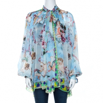 Pre Owned Dolce & Gabbana Blue Angel Print Silk Gathered Blouse S