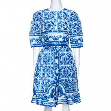 Pre Owned Dolce & Gabbana Blue Majolica Print Silk Organza Pleated Midi Dress M