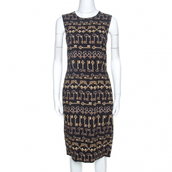 Pre Owned Dolce and Gabbana Black Crepe Key Print Sheath Dress M 