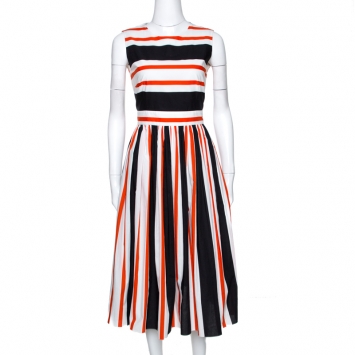 Pre Owned Dolce & Gabbana Multicolor Striped Cotton Cutout Back Midi Dress S