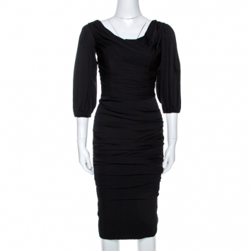 Pre Owned Dolce & Gabbana Black Stretch Silk Ruched Midi Dress XS