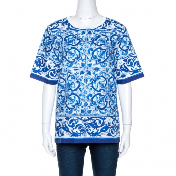 Pre Owned Dolce & Gabbana Blue Majolica Print Cotton Poplin Top S