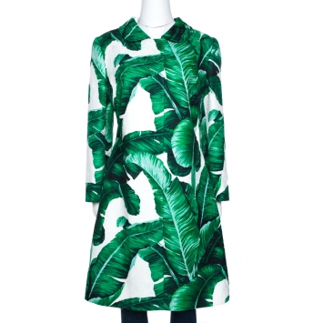 Pre Owned Dolce & Gabbana Bicolor Banana Leaf Print Cotton Silk Coat L