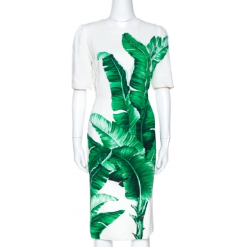 Pre Owned Dolce & Gabbana Bicolor Banana Leaf Print Crepe Fitted Dress M