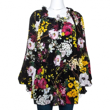 Pre Owned Dolce & Gabbana Black Floral Printed Silk Ruffle Detail Blouse XL 