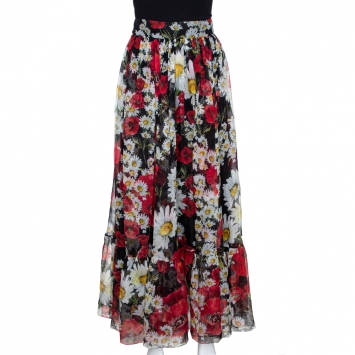 مملوكة مسبقًا Dolce & Gabbana Black Floral Print Flared Maxi Skirt M 