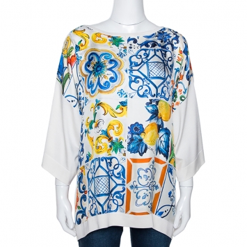 Pre Owned Dolce & Gabbana Off White Majolica Print Silk Oversized Top XS