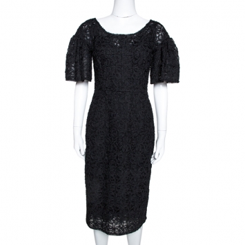 Pre Owned Dolce & Gabbana Black Lace Floral Appliqued Tulle Dress S