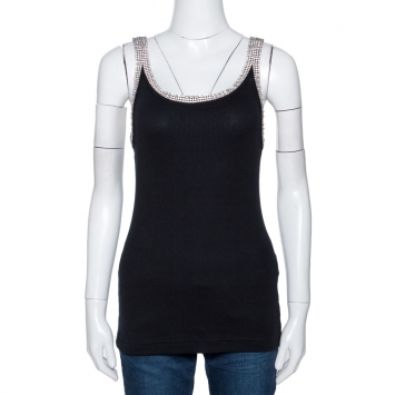 Pre Owned Dolce & Gabbana Black Cotton Crystal Embellished Tank Top L