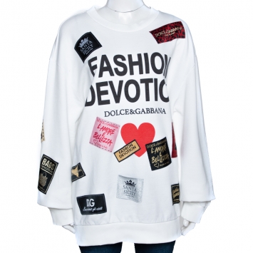 Pre Owned Dolce & Gabbana White Fashion Devotion Print Cotton Applique Detail Sweatshirt M