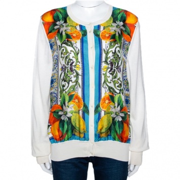 Pre Owned Dolce & Gabbana Off White Majolica Print Silk Button Front Cardigan L