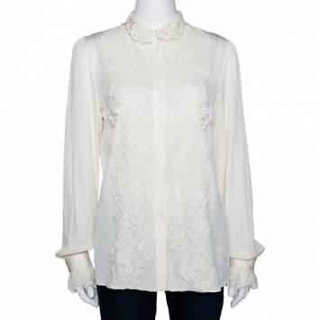 Pre Owned Dolce & Gabbana Off White Silk Lace Trim Long Sleeve Shirt L