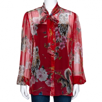 Pre Owned Dolce & Gabbana Red Animal Floral Print Silk Sheer Shirt L