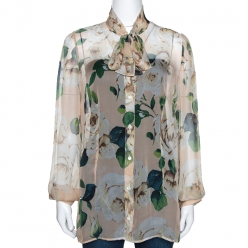 Pre Owned Dolce & Gabbana Beige Floral Printed Silk Tie Detail Sheer Blouse L