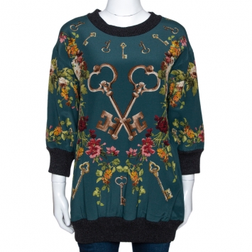 Pre Owned Dolce & Gabbana Green Key Print Silk Three Quarter Balloon Sleeve Jumper S