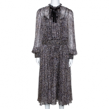 Pre Owned D&G Multicolor Sequin Print Silk Chiffon Long Sleeve Midi Dress L