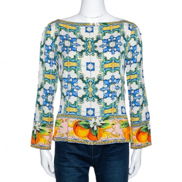Pre Owned Dolce & Gabbana Majolica Print Stretch Silk Boat Neck Top L