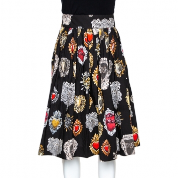 Pre Owned Dolce & Gabbana Black Cotton Sacred Heart Print Pleated Skirt M
