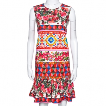 Pre Owned Dolce & Gabbana Multicolor Textured Cotton Mambo Print Flounce Dress M