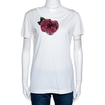 مملوكة مسبقًا Dolce & Gabbana Cream Cotton Floral Sequin Embellished T Shirt M 