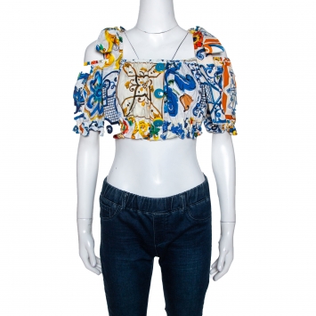 Pre Owned Dolce & Gabbana Multicolor Cotton Majolica Print Off Shoulder Cropped Top M