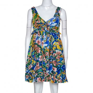 Pre Owned Dolce & Gabbana Multicolor Floral Printed Silk Ruffle Detail Dress M 