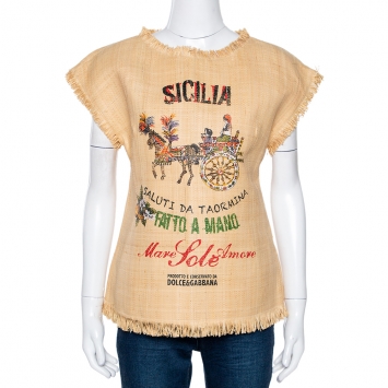 Pre Owned Dolce & Gabbana Beige Raffia Saluti Da Taormina Print Top M