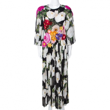مملوكة مسبقًا Dolce & Gabbana Multicolor Floral Appliqued Silk Pleated Maxi Dress M