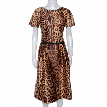 Pre Owned Dolce & Gabbana Brown Animal Print Silk Midi Dress M 