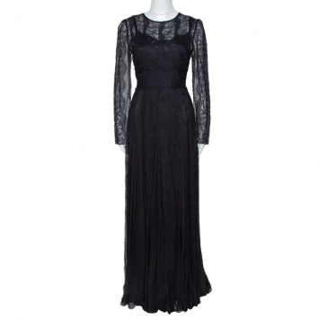 Pre Owned Dolce & Gabbana Black Silk Floral Lace Detail Maxi Dress L