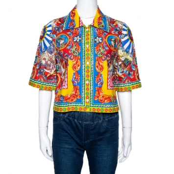 Pre Owned Dolce & Gabbana Multicolor Carretto Siciliano Print Cotton Cropped Shirt M