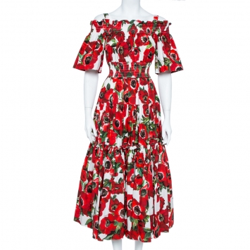 Pre Owned Dolce & Gabbana Red Cotton Floral Print Off shoulder Dress S