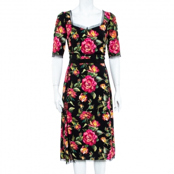 Pre Owned Dolce & Gabbana Black Hydrangea Printed Crepe Tulle Trim Detail Rosline Dress M